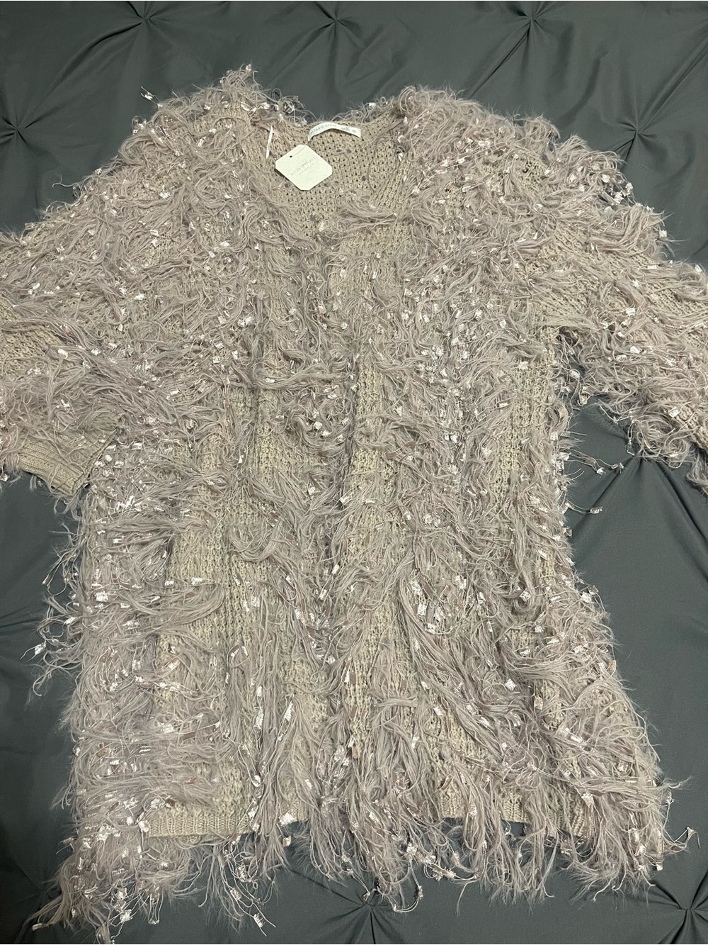 Altar'd State Shaggy Fringe Open-Front Cardigan - Light Taupe NWT